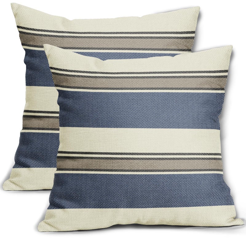 Aytipun Navy Blue Striped Pillow Covers 18x18 Set of 2 Blue Brown Boho Stripe Pattern Cream Farmhouse Decorative Throw Pillows Outdoor Modern Print Linen Cushion Case with Zipper Decor for Sofa Couch Bed - Image 1