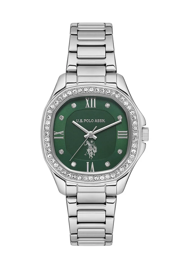 U.S. Polo Assn. U.S. Polo Assn. Stile Ladies' 32x39mm Watch with Green Dial, Stone-Studded Bezel & Dual-Toned Stainless Steel Bracelet - USPA2088-02, Modern Elegance for Every Occasion