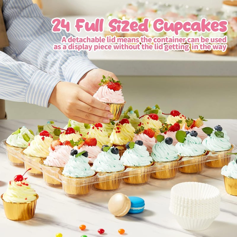 Gencywe (24 Pack x 10 Sets) Stackable Cupcake Carrier Holders with 240 Pack Cupcake Liners, Plastic Cupcake Boxes Holders for 24 Cupcakes, High Tall Dome Lid Cupcake Containers, Clear Cupcake Trays - Image 3