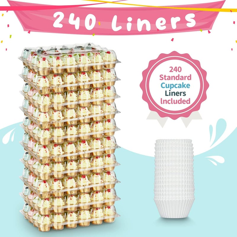 Gencywe (24 Pack x 10 Sets) Stackable Cupcake Carrier Holders with 240 Pack Cupcake Liners, Plastic Cupcake Boxes Holders for 24 Cupcakes, High Tall Dome Lid Cupcake Containers, Clear Cupcake Trays - Image 5