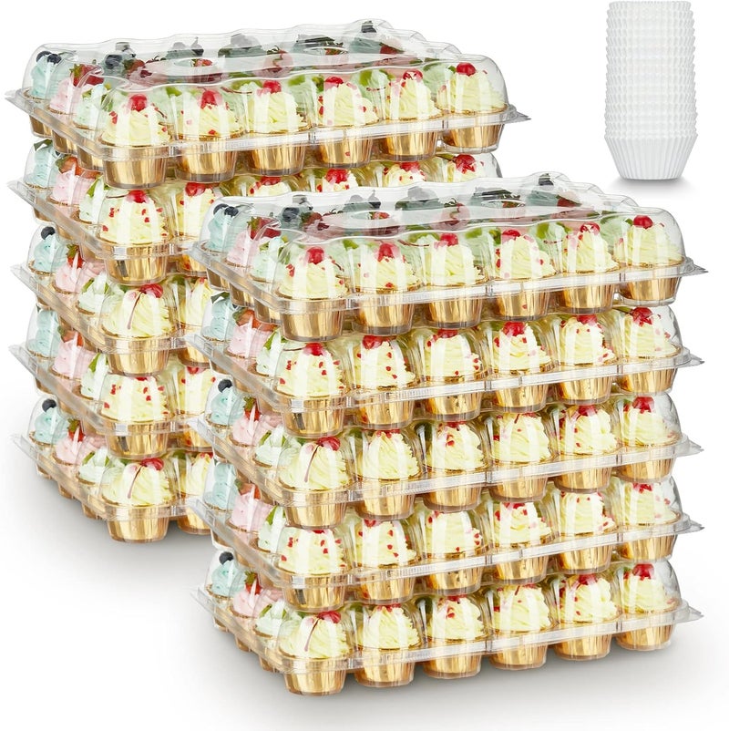 Gencywe (24 Pack x 10 Sets) Stackable Cupcake Carrier Holders with 240 Pack Cupcake Liners, Plastic Cupcake Boxes Holders for 24 Cupcakes, High Tall Dome Lid Cupcake Containers, Clear Cupcake Trays - Image 1