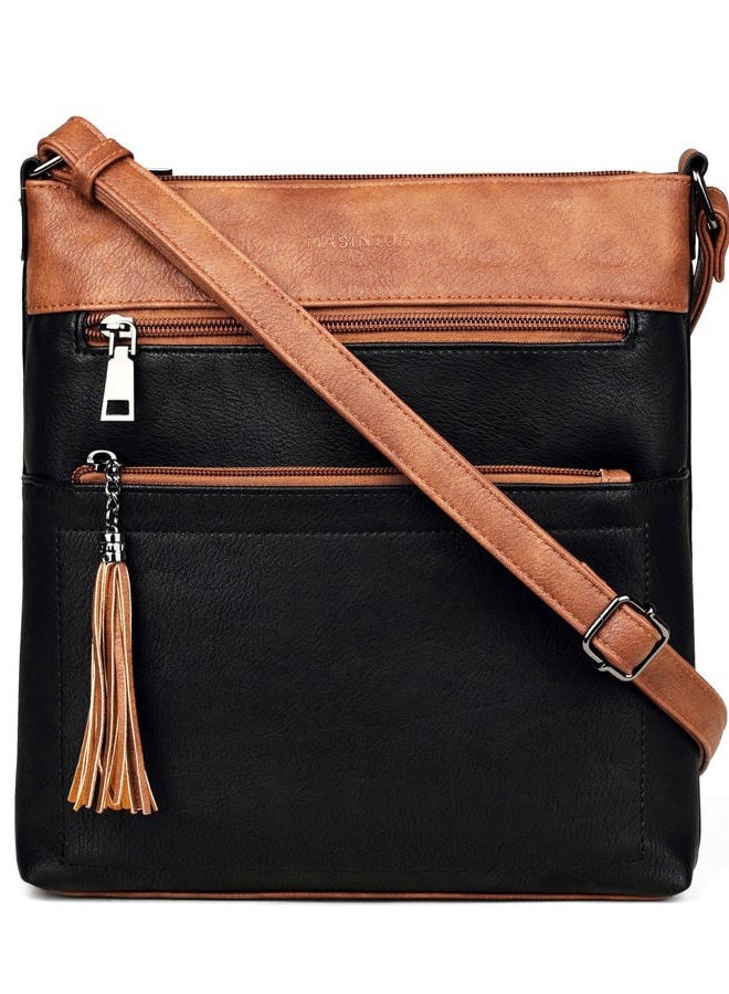 MASINTOR Crossbody Purses for Women, Multi Pocket Casual Crossbody Bag, Adjustable Strap Shoulder Bag with Tassel, Black Brown, Medium, Cossbody Bag - Image 1