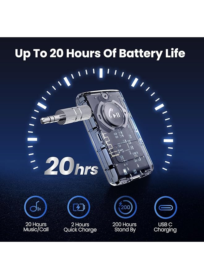 KASTWAVE Bluetooth 5.3 Car Adapter, Wireless Audio Receiver For Home Stereo/Car Audio/Speakers/Wired Headphones, Stronger Connection, 20H Battery Life, Hands-Free Call, Noise Canceling (Transparent) - Image 5