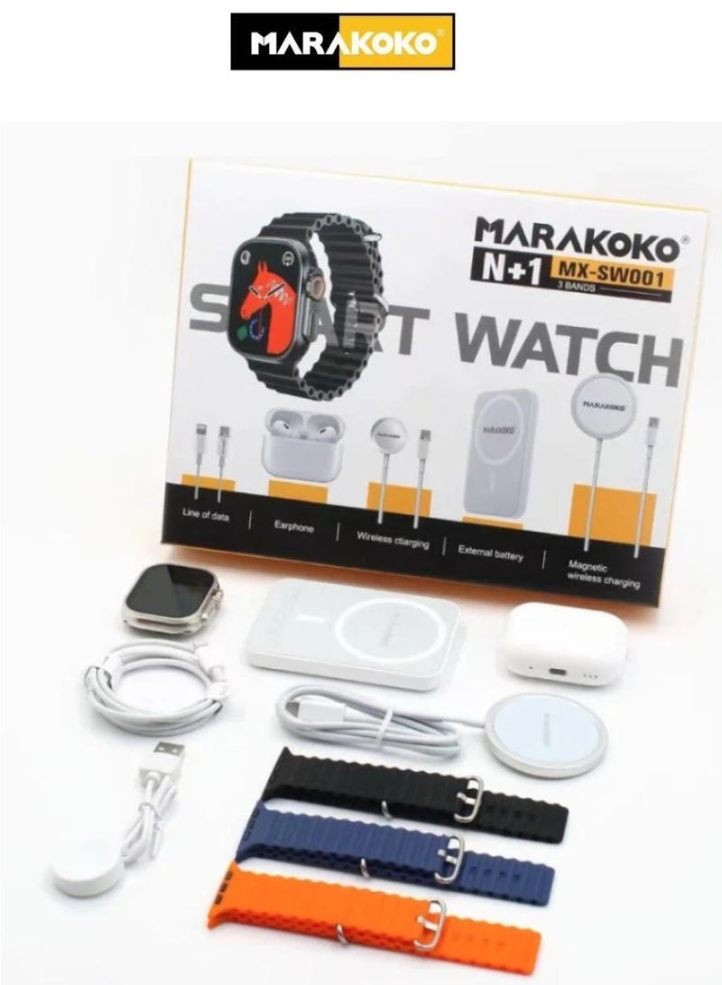 Marakoko Markoko Ultra Watch Package with Three Straps + 5000mAh MagSafe Wireless Power Bank + Airbuds Pro earphones + 15W MagSafe Wireless Mobile Charger + iPhone Charging Cable (Type C to Lightning).  - Image 1