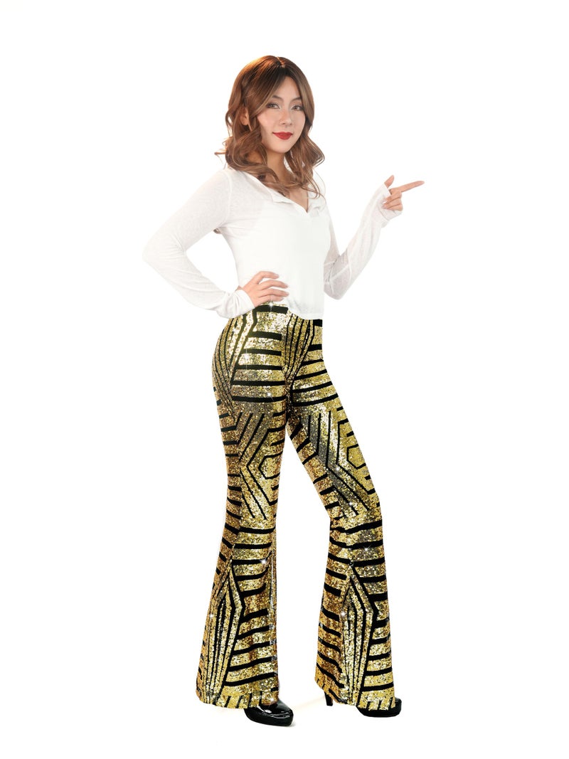 Nawgut Sequin Flare Pants Sparkly Glitter High Waisted Bell Bottom Trousers Disco Party Clubwear for Women-Large Gold - Image 4