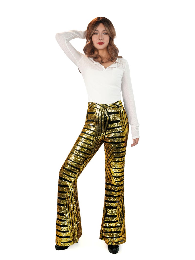 Nawgut Sequin Flare Pants Sparkly Glitter High Waisted Bell Bottom Trousers Disco Party Clubwear for Women-Large Gold - Image 3
