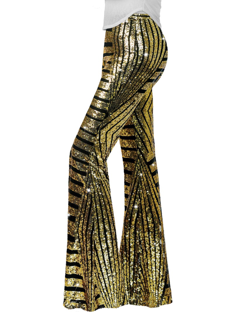 Nawgut Sequin Flare Pants Sparkly Glitter High Waisted Bell Bottom Trousers Disco Party Clubwear for Women-Large Gold - Image 1