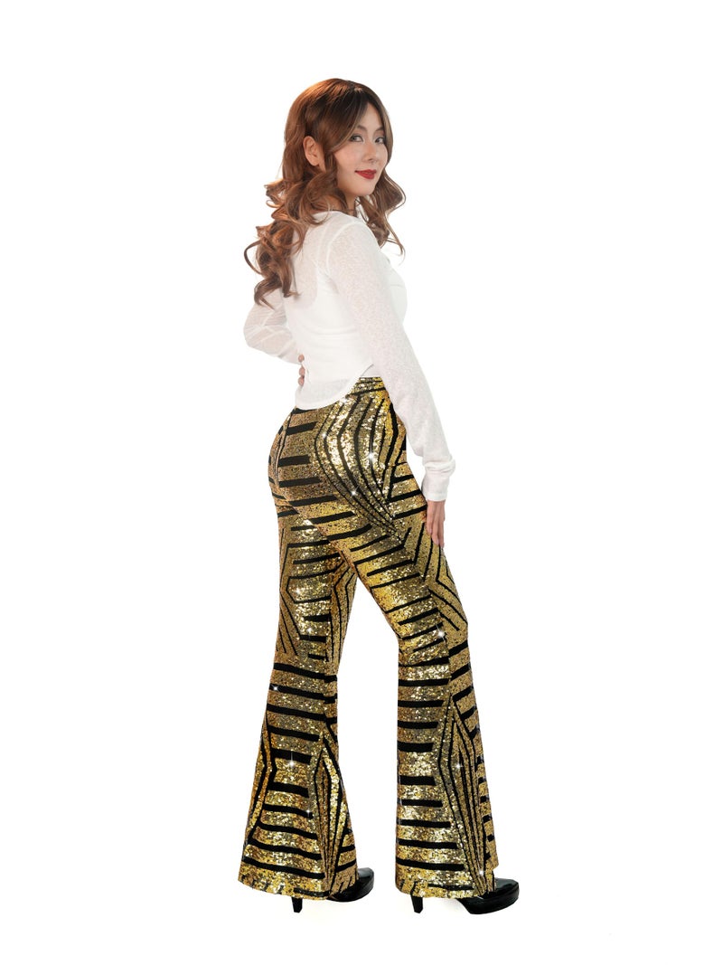 Nawgut Sequin Flare Pants Sparkly Glitter High Waisted Bell Bottom Trousers Disco Party Clubwear for Women-Large Gold - Image 2