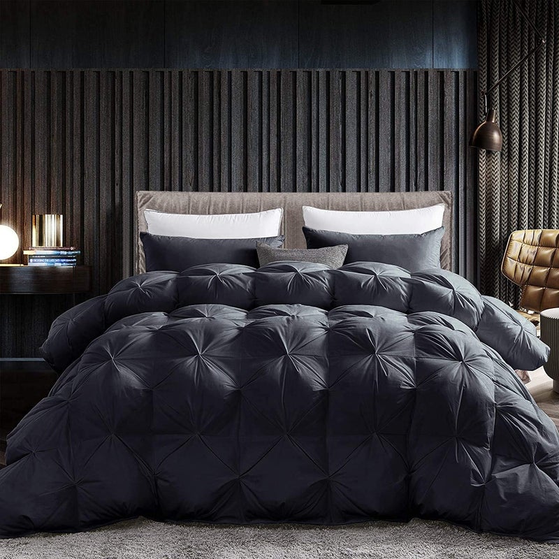Egyptian Bedding Luxurious Goose Down Feather Fiber Comforter Exquisite Pinch Pleat Design Black 108 x 98  100 Egyptian Cotton 75 oz Fill Weight BlackOversize Cal King 