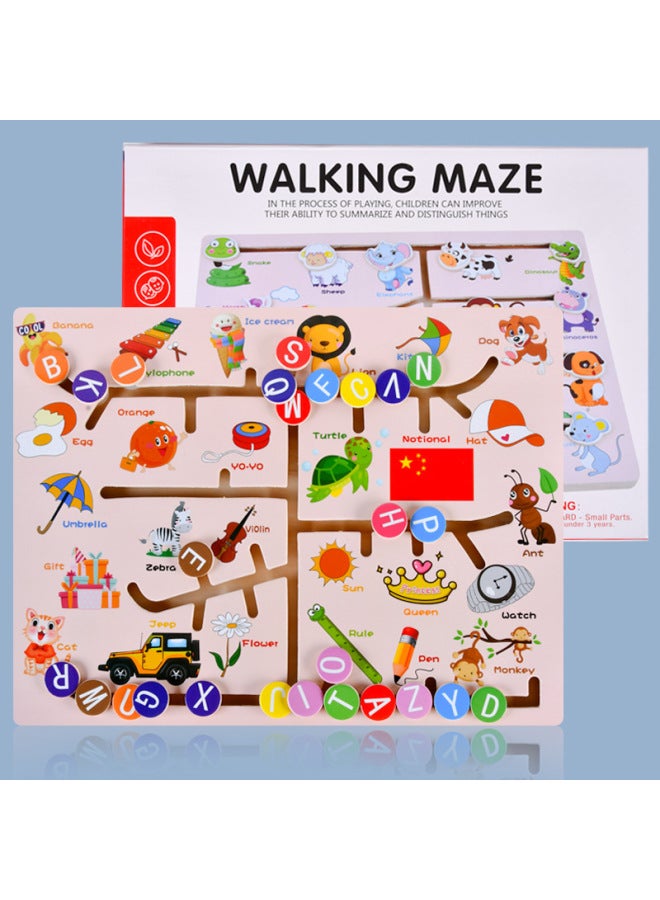 Loquat Children's Wooden Double-sided Track Walking Maze Digital Traffic Animal Logical Thinking Brain Educational Toys-Color:Walking Position (letter Model) - Image 1