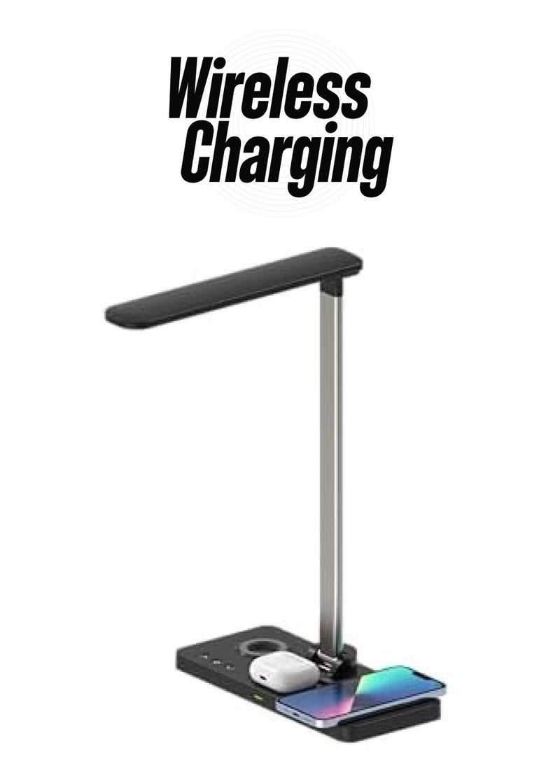 erorex Desk Lamp with wireless charger 3 in 1 | Desk lamp aesthetic for Home office simultaneously charging smartphone, earpods & smartwatch 3 LED light mode (Black)  - Image 1