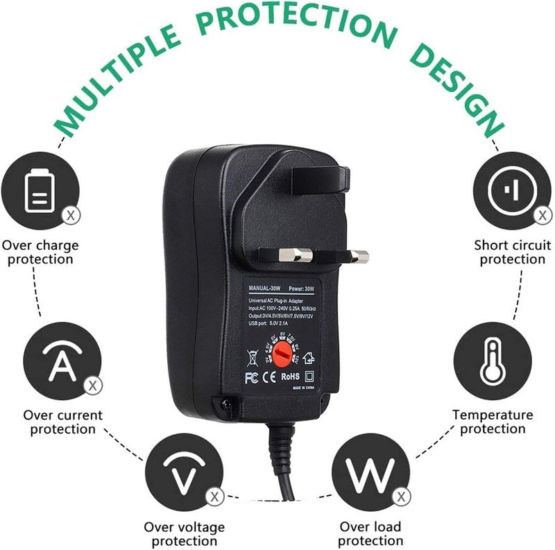 SEBA 30W Universal AC/DC Adapter Switching Power Supply with 8 Selectable Adapter Plugs，for 3V 4.5V 5V 6V 7.5V 9V 12V Household Electronics and LED Strip - 2000mA Max - Image 4
