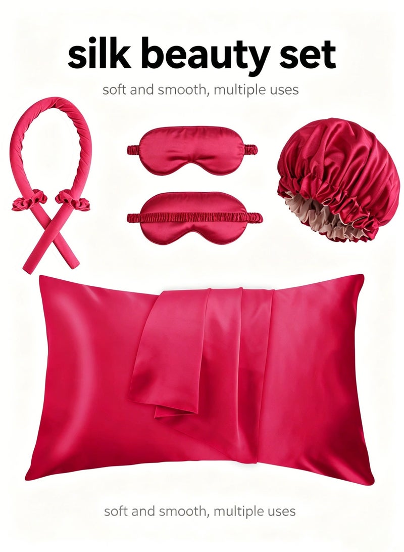 Pillowcase blackout set to pamper your hair and skin - soft and silky sleep pillowcases - envelope-style open satin pillowcases, faux silk eye mask pillowcase, shower cap, hair curler, hair tie 5-piece set. - Image 1