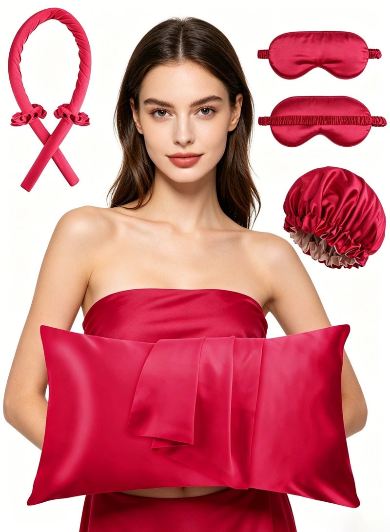 Pillowcase blackout set to pamper your hair and skin - soft and silky sleep pillowcases - envelope-style open satin pillowcases, faux silk eye mask pillowcase, shower cap, hair curler, hair tie 5-piece set. - Image 2