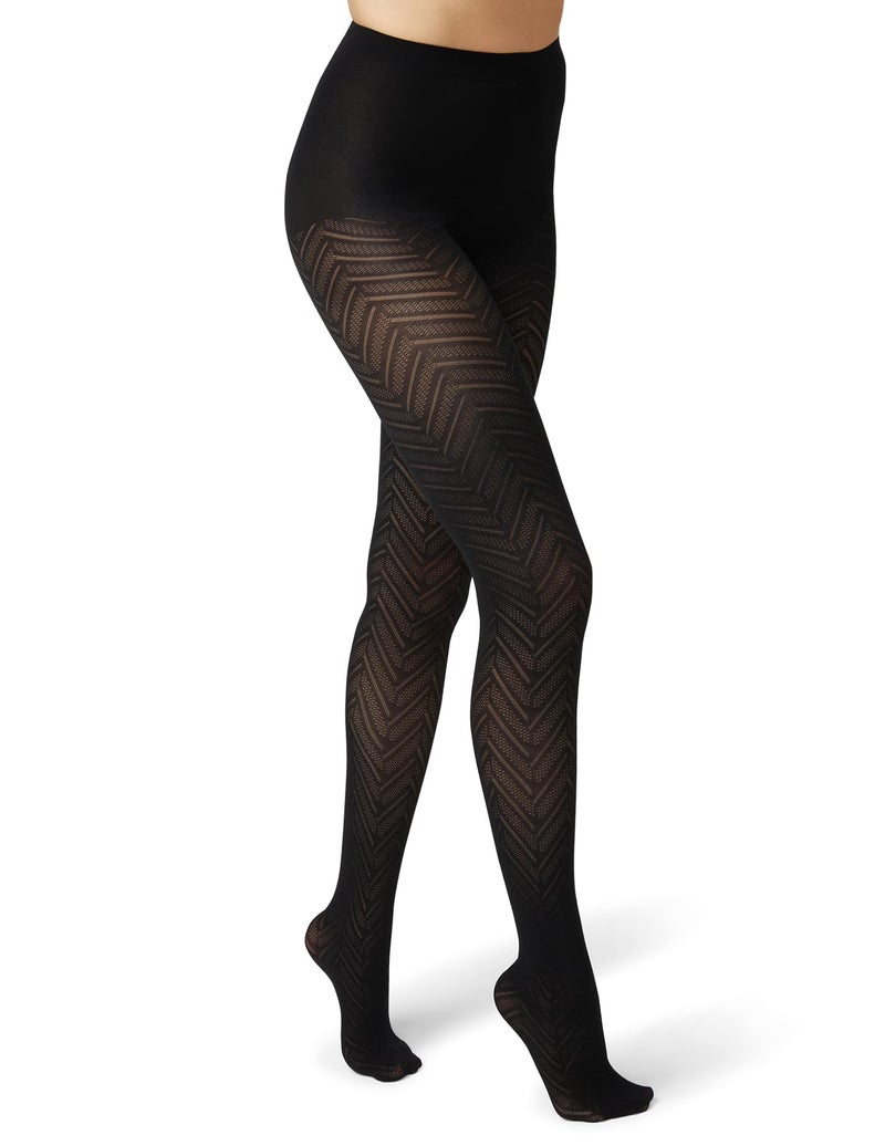 HUE Women's Opaque Tights with Control Top Sheer Rib Chevron Metallic Dotted Backseam Shimmer Diamond, Black - Chevron, Medium-Large - Image 1