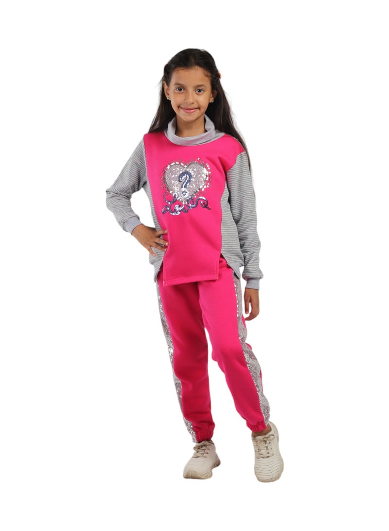 CHOiCE Soft Milton Fabric Tracksuit for Girls Bright Colors and Stripe Design with Sequin Heart Details code 539 - Image 1