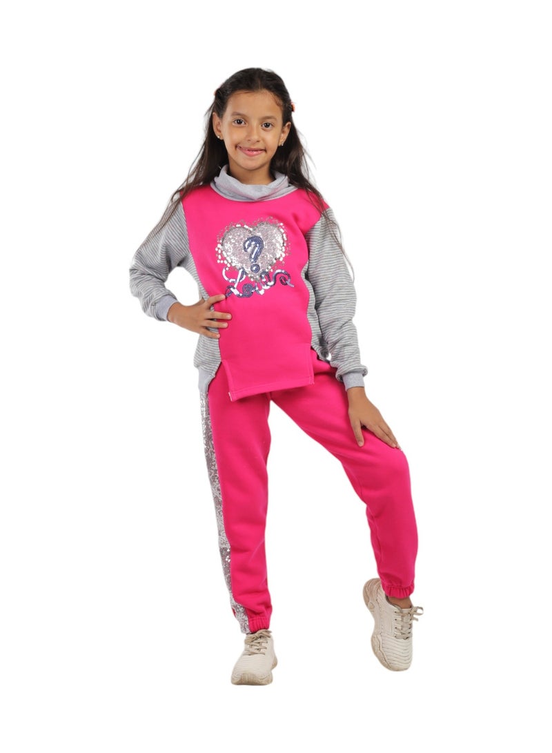 CHOiCE Soft Milton Fabric Tracksuit for Girls Bright Colors and Stripe Design with Sequin Heart Details code 539 - Image 2