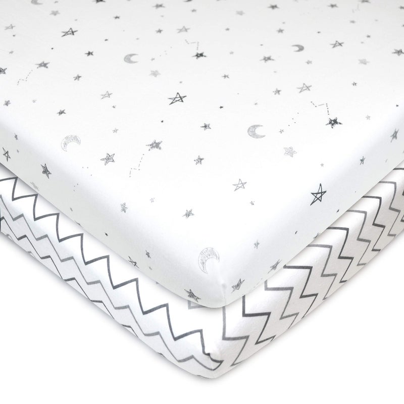 American Baby Company American Baby Company 2 Pack 100 Natural Cotton Fitted Mini Crib Sheets 38 x 24 Soft Breathable Small Nesting Portable Sheets Fits Pack N Play Mattresses Gray StarsZigzag for Boys Girls 
