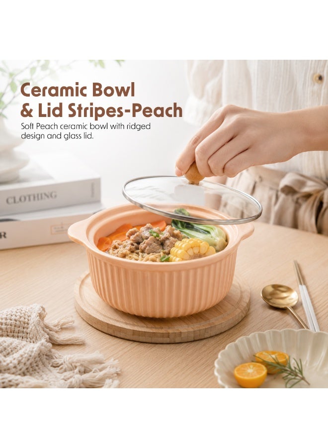 Ceramic Bowl with Lid Stripes Peach Microwave Dishwasher Safe Serving Storage Soup Rice Cereal Snacks Salad Noodles MealPrep Kitchen Food Container Home Dining Restaurant Use - Image 2