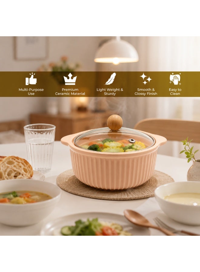 Ceramic Bowl with Lid Stripes Peach Microwave Dishwasher Safe Serving Storage Soup Rice Cereal Snacks Salad Noodles MealPrep Kitchen Food Container Home Dining Restaurant Use - Image 3