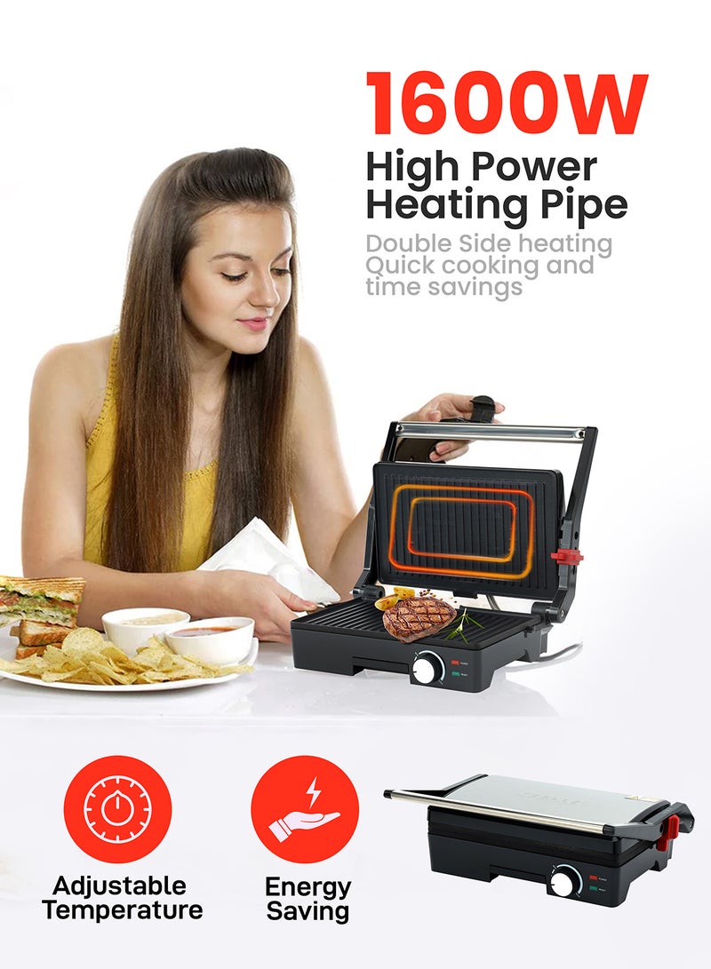 GEEPAS Stainless Steel Grill Maker, Power and Ready Light | Non-Stick Cooking Plate | Easy to Clean | Practical Cable Winding | Lid Locking for Space-Saving Vertical Storage | Pilot Light 1600 W GGM5394 Silver/Black - Image 2