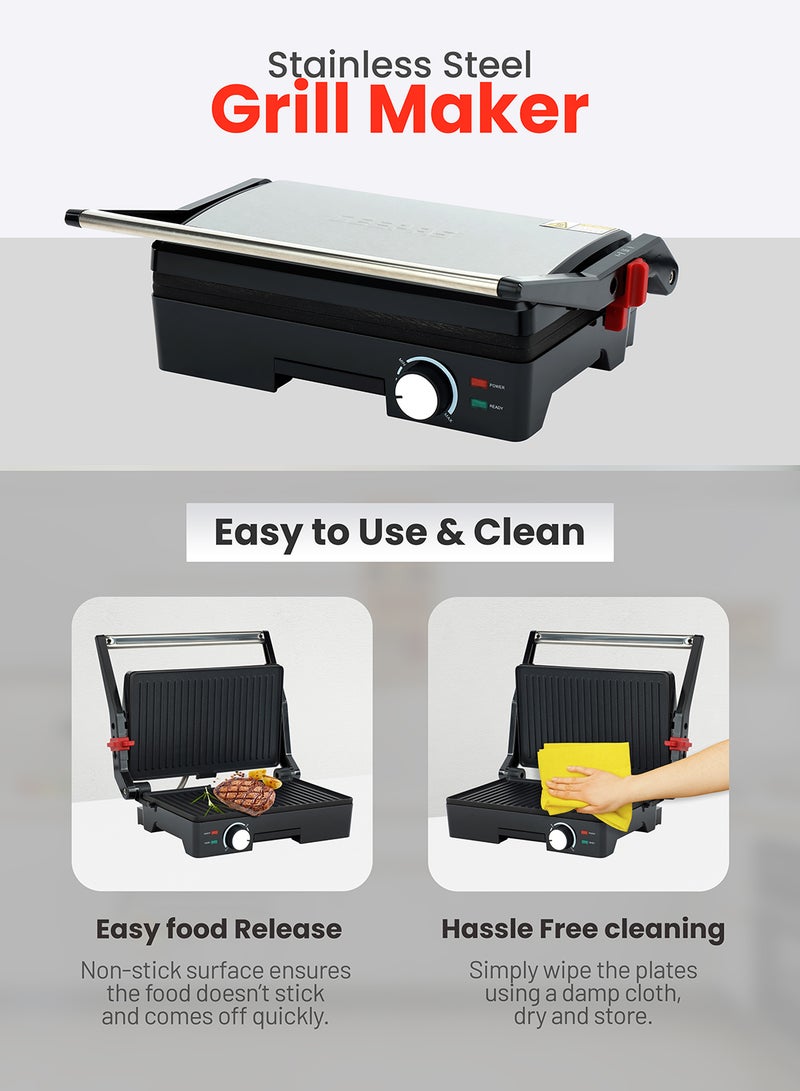 GEEPAS Stainless Steel Grill Maker, Power and Ready Light | Non-Stick Cooking Plate | Easy to Clean | Practical Cable Winding | Lid Locking for Space-Saving Vertical Storage | Pilot Light 1600 W GGM5394 Silver/Black - Image 3
