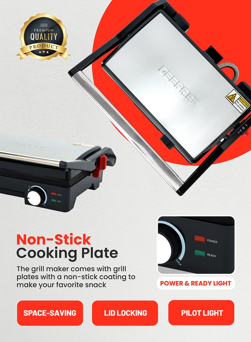 GEEPAS Stainless Steel Grill Maker, Power and Ready Light | Non-Stick Cooking Plate | Easy to Clean | Practical Cable Winding | Lid Locking for Space-Saving Vertical Storage | Pilot Light 1600 W GGM5394 Silver/Black - Image 4