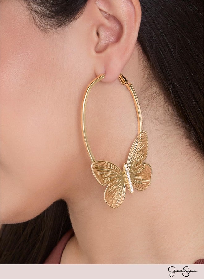 Jessica Simpson Butterfly Hoop Earrings for Women, Gold-Tone Filigree Butterfly Hoops with Clear Crystals - Image 2