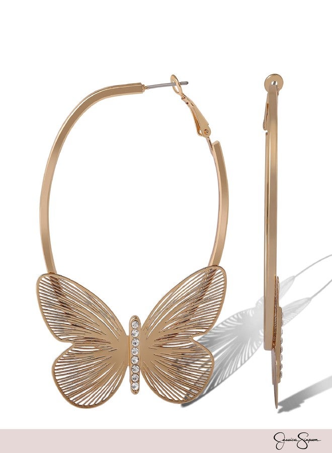 Jessica Simpson Butterfly Hoop Earrings for Women, Gold-Tone Filigree Butterfly Hoops with Clear Crystals - Image 5