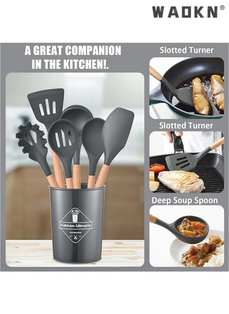 WAOKN 12 Pcs Silicone Cooking Utensils Kitchen Utensil Set - 446°F Heat Resistant,Turner Tongs, Spatula, Spoon, Brush, Whisk, Wooden Handle Gray Kitchen Gadgets with Holder for Nonstick Cookware  - Image 5