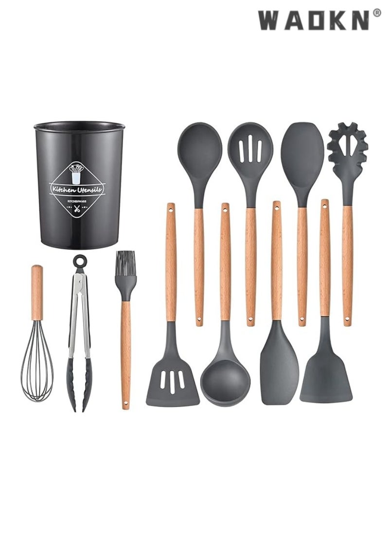 WAOKN 12 Pcs Silicone Cooking Utensils Kitchen Utensil Set - 446°F Heat Resistant,Turner Tongs, Spatula, Spoon, Brush, Whisk, Wooden Handle Gray Kitchen Gadgets with Holder for Nonstick Cookware  - Image 1