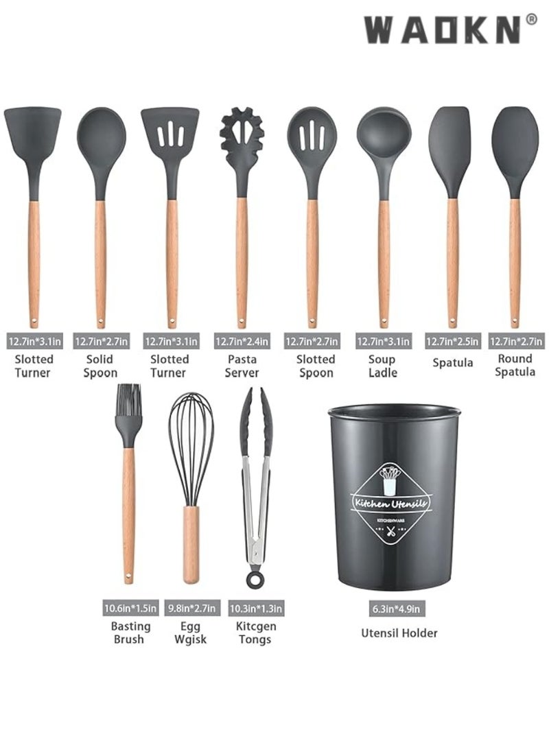 WAOKN 12 Pcs Silicone Cooking Utensils Kitchen Utensil Set - 446°F Heat Resistant,Turner Tongs, Spatula, Spoon, Brush, Whisk, Wooden Handle Gray Kitchen Gadgets with Holder for Nonstick Cookware  - Image 2