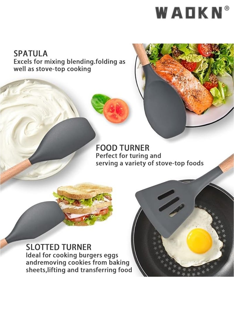 WAOKN 12 Pcs Silicone Cooking Utensils Kitchen Utensil Set - 446°F Heat Resistant,Turner Tongs, Spatula, Spoon, Brush, Whisk, Wooden Handle Gray Kitchen Gadgets with Holder for Nonstick Cookware  - Image 4