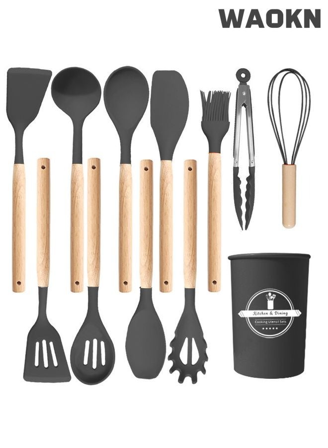 دبليو أيه أو كي أن 12 قطعة سيليكون تجهيزات المطابخ وأدوات المطبخ مجموعة - 446 درجة فهرنهايت مقاومة للحرارة ، تيرنر كماشة ، ملعقة ، فرشاة ، خلاط ، مقبض خشبي رمادي أدوات المطبخ ، غير عصا تجهيزات المطابخ حامل - Image 1