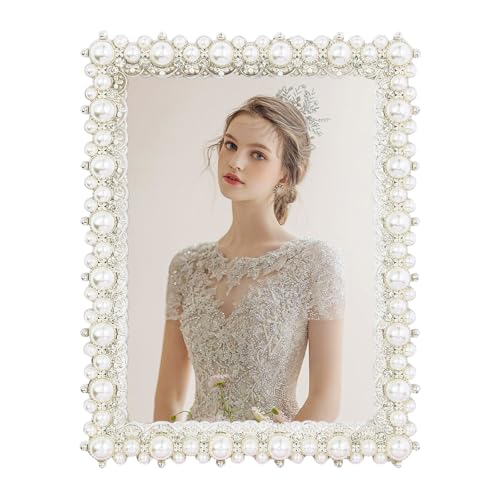 DIKAR 5x7 picture frame with Pearls and Rhinestones for Wedding Gifts Wedding Picture Frame for TabletopWall Mounting Display