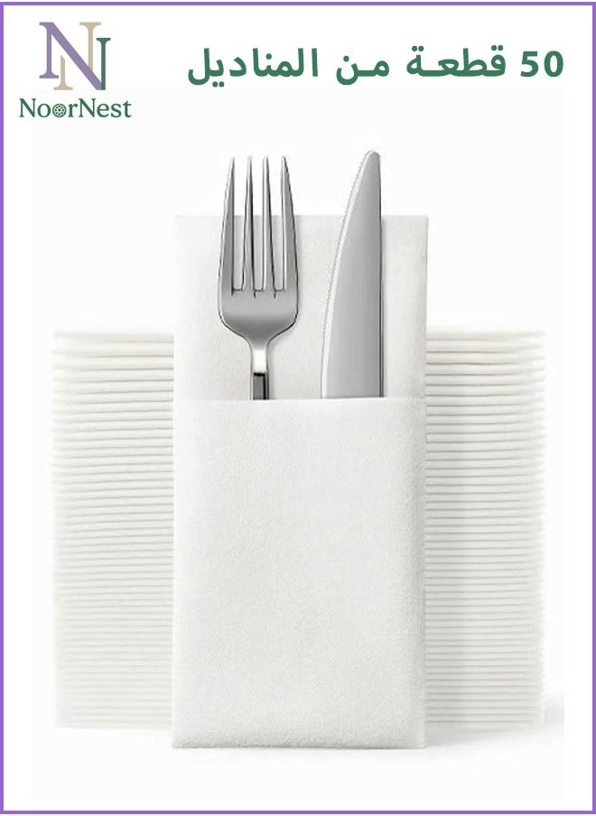 bbet Disposable Dinner Napkins 50Pcs Disposable Cloth Like Napkins, Built-in Flatware Pocket, Wedding Party Linen Feel White Napkin, Prefolded for Silverware,50 Count  - Image 1