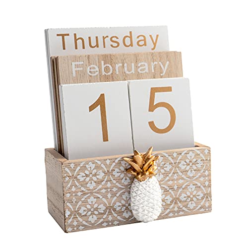 Notakia Vintage Wood Block Perpetual Calendar Month Week Date Display for Home Office Desk Rustic Decoration, Brown pineapple - Image 1
