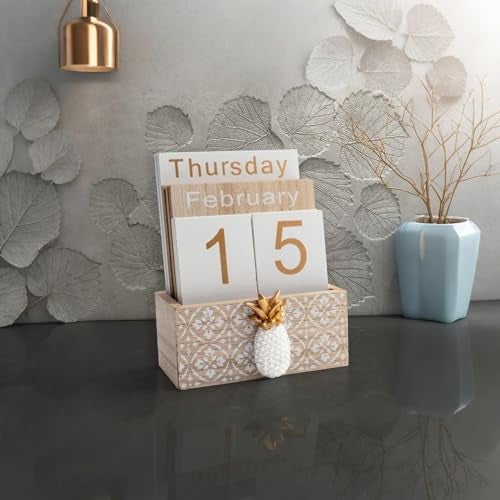 Notakia Vintage Wood Block Perpetual Calendar Month Week Date Display for Home Office Desk Rustic Decoration, Brown pineapple - Image 3
