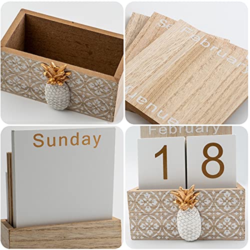 Notakia Vintage Wood Block Perpetual Calendar Month Week Date Display for Home Office Desk Rustic Decoration, Brown pineapple - Image 5