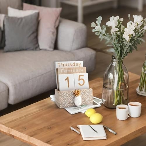 Notakia Vintage Wood Block Perpetual Calendar Month Week Date Display for Home Office Desk Rustic Decoration, Brown pineapple - Image 2