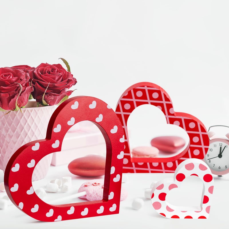 WATINC 3pcs Valentineâ€™s Day Heart Wooden Table Decoration, Happy Valentines Party Tiered Tray Signs, Sweet Love Wood Centerpiece, Double-sided Romantic XOXO Tabletop Decor for Home Porch Kitchen Room - Image 5