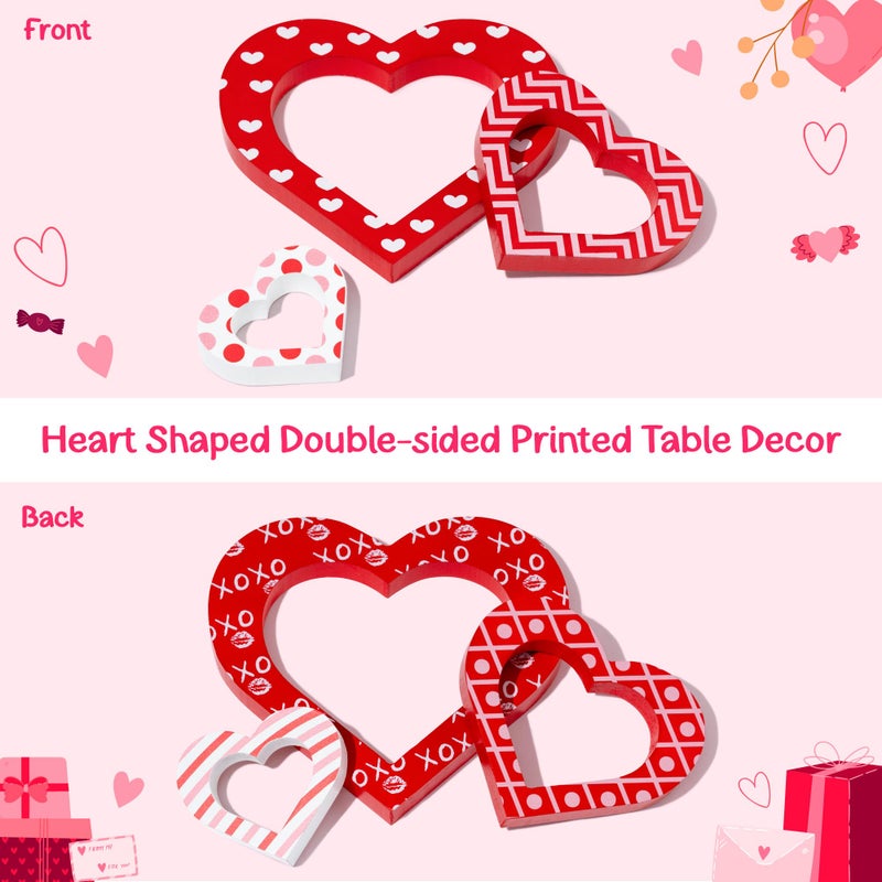 WATINC 3pcs Valentineâ€™s Day Heart Wooden Table Decoration, Happy Valentines Party Tiered Tray Signs, Sweet Love Wood Centerpiece, Double-sided Romantic XOXO Tabletop Decor for Home Porch Kitchen Room - Image 4