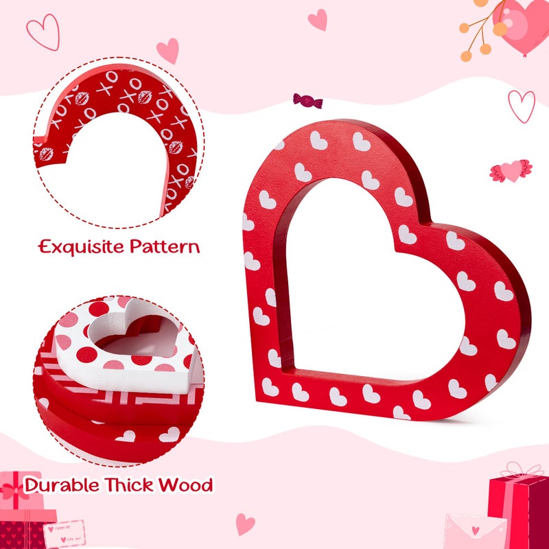 WATINC 3pcs Valentineâ€™s Day Heart Wooden Table Decoration, Happy Valentines Party Tiered Tray Signs, Sweet Love Wood Centerpiece, Double-sided Romantic XOXO Tabletop Decor for Home Porch Kitchen Room - Image 3