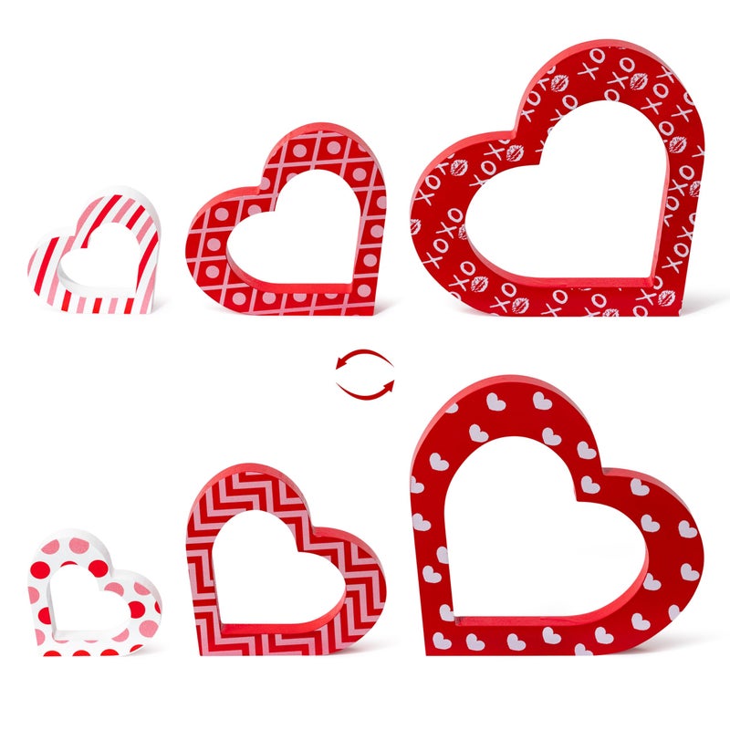 WATINC 3pcs Valentineâ€™s Day Heart Wooden Table Decoration, Happy Valentines Party Tiered Tray Signs, Sweet Love Wood Centerpiece, Double-sided Romantic XOXO Tabletop Decor for Home Porch Kitchen Room - Image 1