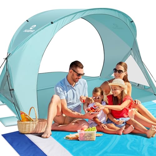 AugFir Beach Tent Sun Shelter Beach Tent with Beach Mat Set 4 Person Portable Beach Shade Canopy with UPF 50 UV Protection DualDoor Ventilation Design Easy Setup Family Beach Umbrella Green - Image 1
