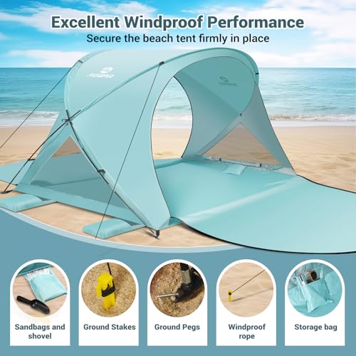 AugFir Beach Tent Sun Shelter Beach Tent with Beach Mat Set 4 Person Portable Beach Shade Canopy with UPF 50 UV Protection DualDoor Ventilation Design Easy Setup Family Beach Umbrella Green - Image 3
