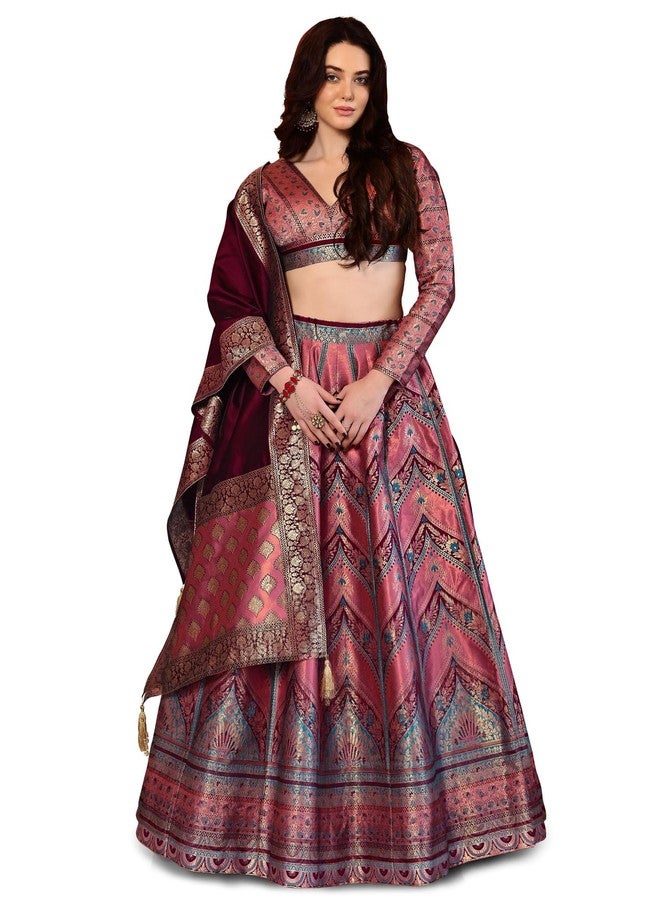 PURVAJA حريمي Kanjivaram شبه مخيطة Lehenga choli (Aayat-Pink_Pink_Free Size) - Image 1
