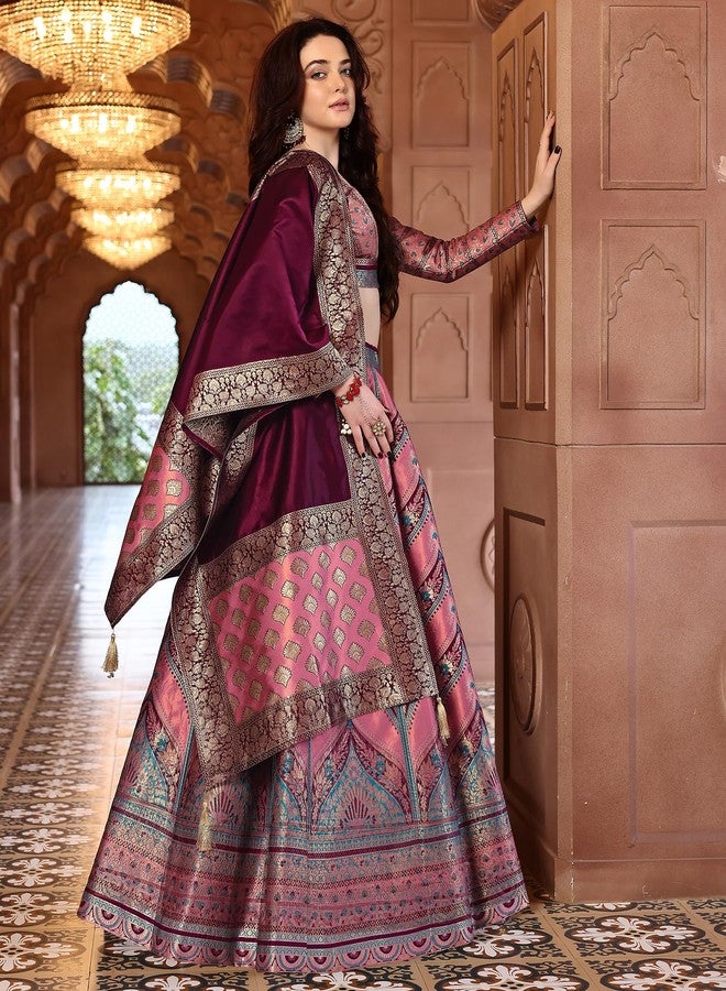 PURVAJA حريمي Kanjivaram شبه مخيطة Lehenga choli (Aayat-Pink_Pink_Free Size) - Image 2