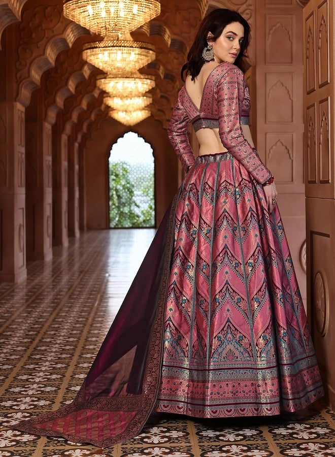 PURVAJA حريمي Kanjivaram شبه مخيطة Lehenga choli (Aayat-Pink_Pink_Free Size) - Image 3