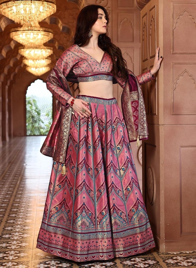 PURVAJA حريمي Kanjivaram شبه مخيطة Lehenga choli (Aayat-Pink_Pink_Free Size) - Image 4